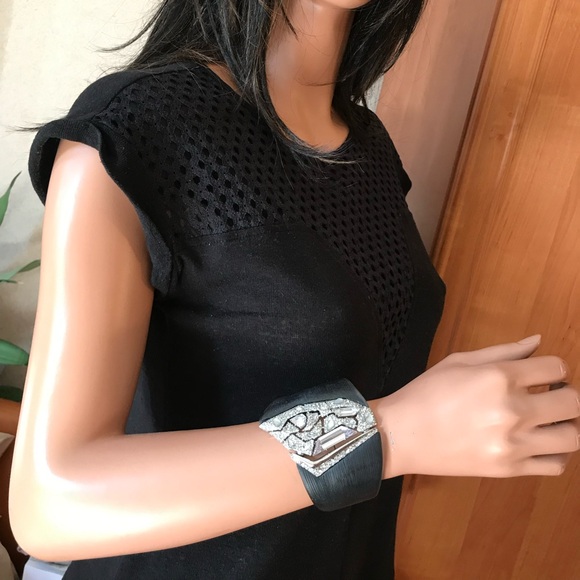 Alexis Bittar Black Lucite Hinged Bracelet with Crystals in Silver Setting. - Picture 3 of 11